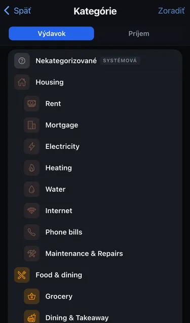 Obrazovka Kategórie so zvoleným Výdavkom: Nekategorizované, Housing s Rent, Mortgage a energiami a Food & dining s Grocery