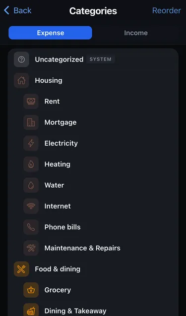 The Categories screen with Expense selected, showing Uncategorized, Housing with Rent, Mortgage and utilities, and Food & dining with Grocery