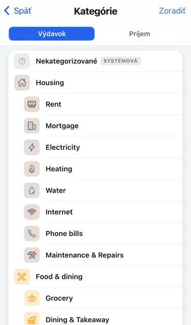 Obrazovka Kategórie so zvoleným Výdavkom: Nekategorizované, Housing s Rent, Mortgage a energiami a Food & dining s Grocery