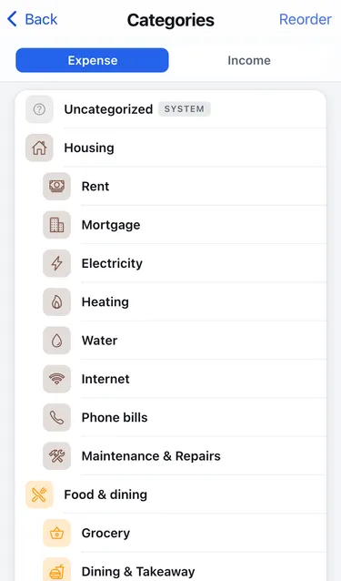 The Categories screen with Expense selected, showing Uncategorized, Housing with Rent, Mortgage and utilities, and Food & dining with Grocery