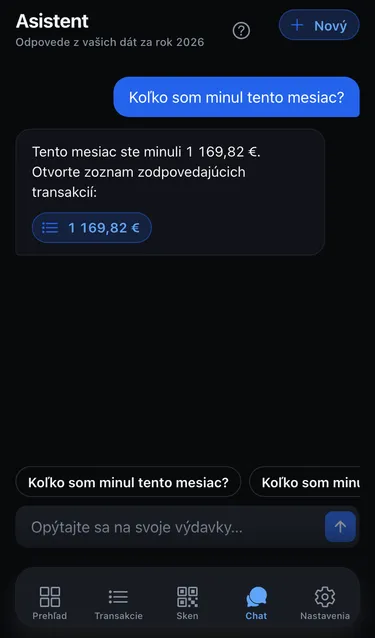 Asistent odpovedá na otázku Koľko som minul tento mesiac? vetou Tento mesiac ste minuli 1 169,82 € a odkazom na zoznam transakcií