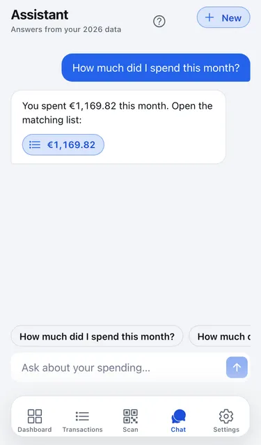 The assistant answering How much did I spend this month? with You spent €1,169.82 this month and a link to the matching list