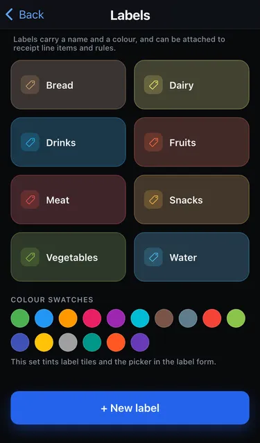 The Labels screen with coloured tiles for Bread, Dairy, Drinks, Fruits, Meat, Snacks, Vegetables and Water, and a New label button