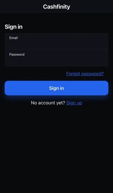 The Sign in screen with Email and Password fields, a Forgot password? link and a Sign in button
