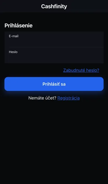 Obrazovka Prihlásenie s poľami E-mail a Heslo, odkazom Zabudnuté heslo? a tlačidlom Prihlásiť sa