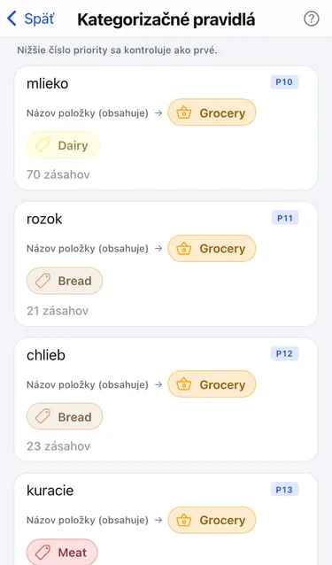 Obrazovka Kategorizačné pravidlá so zoznamom pravidiel, napríklad mlieko → Grocery so štítkom Dairy, s prioritami a počtom zásahov