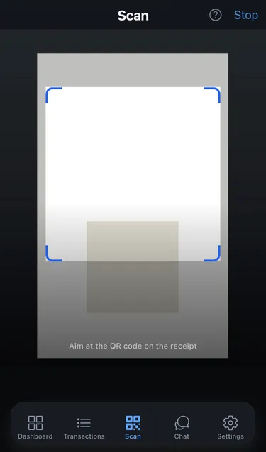 The Scan tab with the live camera view, a frame to aim at the QR code and the hint Aim at the QR code on the receipt