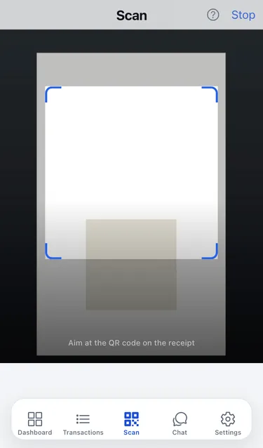 The Scan tab with the live camera view, a frame to aim at the QR code and the hint Aim at the QR code on the receipt