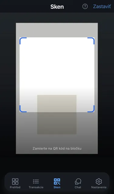 Karta Sken so živým obrazom z fotoaparátu, rámčekom na zamierenie na QR kód a pokynom Zamierte na QR kód na bločku