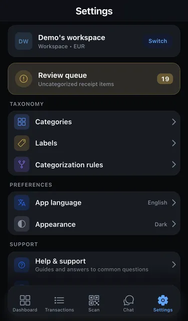 The Settings screen with the workspace card, Review queue, Taxonomy, Preferences and Support sections