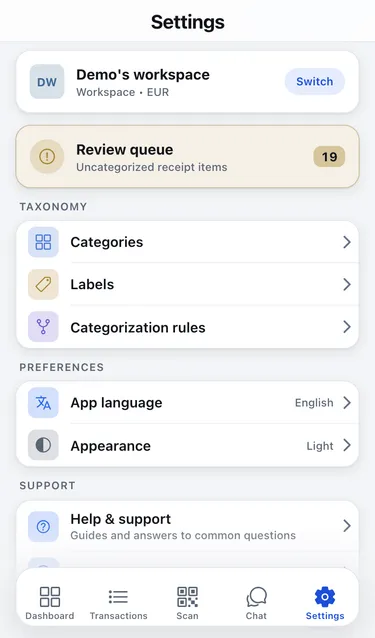 The Settings screen with the workspace card, Review queue, Taxonomy, Preferences and Support sections