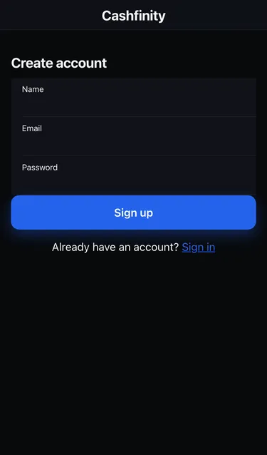 The Create account screen with Name, Email and Password fields and a Sign up button