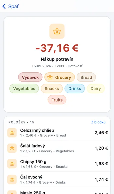 Nákup potravín za 37,16 € s kategóriami a štítkami a zoznamom položiek označeným Z bločku