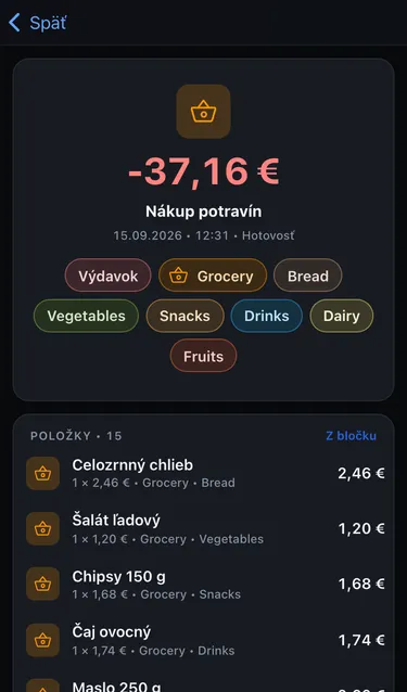 Nákup potravín za 37,16 € s kategóriami a štítkami a zoznamom položiek označeným Z bločku