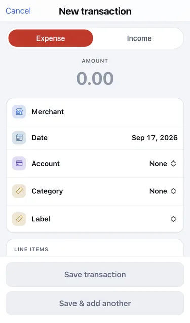 The New transaction form with Expense selected, an amount field, and Merchant, Date, Account, Category and Label rows