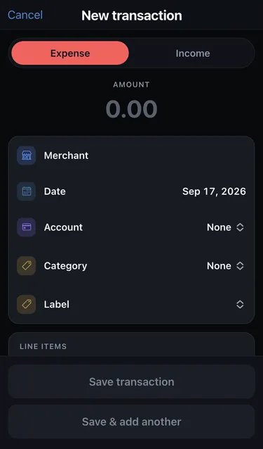 The New transaction form with Expense selected, an amount field, and Merchant, Date, Account, Category and Label rows