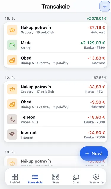 Zoznam Transakcie zoskupený podľa dní s tlačidlom Filtre v pravom hornom rohu