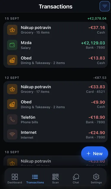The Transactions list grouped by day, with a Filters button in the top-right corner
