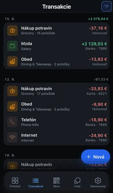 Zoznam Transakcie zoskupený podľa dní s tlačidlom Filtre v pravom hornom rohu