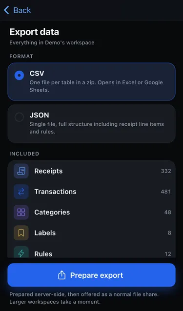 The Export data screen with CSV and JSON formats and a list of what is included: receipts, transactions, categories, labels and rules