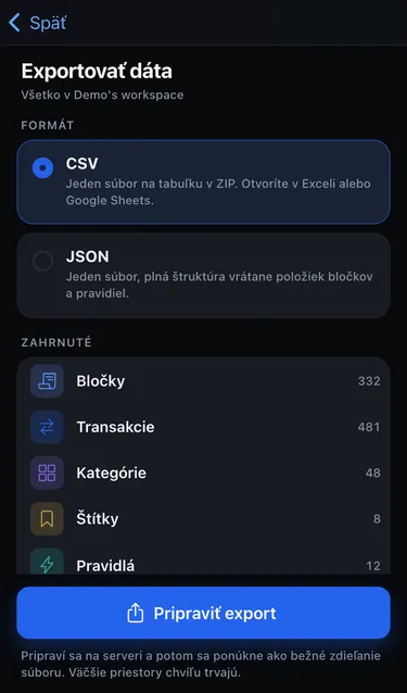 Obrazovka Exportovať dáta s formátmi CSV a JSON a zoznamom, čo je zahrnuté: bločky, transakcie, kategórie, štítky a pravidlá