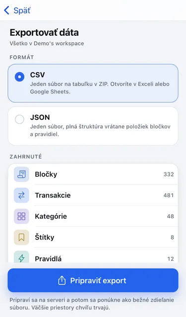 Obrazovka Exportovať dáta s formátmi CSV a JSON a zoznamom, čo je zahrnuté: bločky, transakcie, kategórie, štítky a pravidlá
