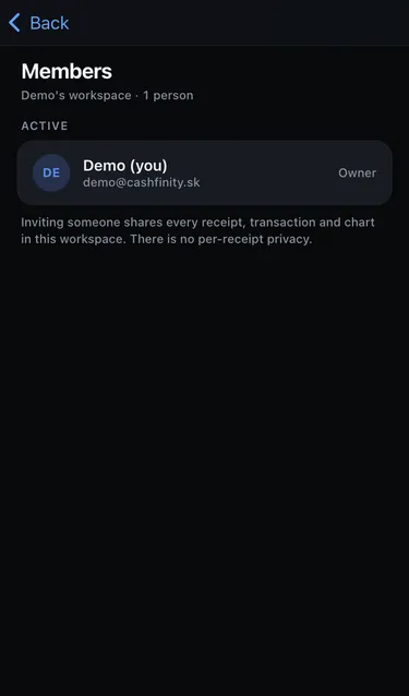 The Members screen listing one active member, the owner, with an explanation that invited people see every receipt